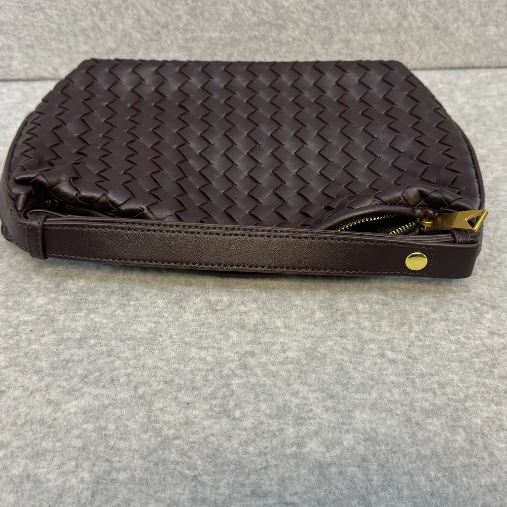 Vegan Leather Woven Hand Bag Brown Top Handle Women Shoulder Bag Adjustable - Picture 11 of 16